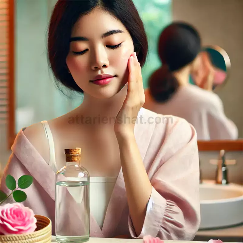 زن در حال استفاده از گلاب برای مراقبت از پوست صورت، نشان‌دهنده فواید طبیعی گلاب برای زیبایی و شادابی پوست